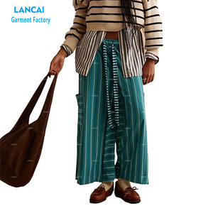Pantalones rectos para mujer Tela de algodón a rayas Cintura con cordón Casual Suelto Vida diaria Ropa personalizada al por mayor - Product Image 1