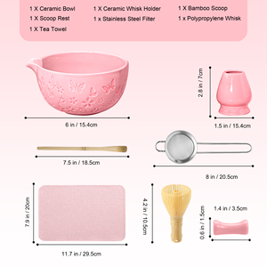 7-Piece Japanese Matcha <b>Tea</b> <b>Set</b> Pink Ceramic Bowl with Butterfly Design and PP Whisk for Traditional <b>Tea</b> Ceremony - Product Image 3
