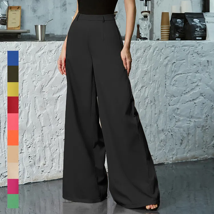 New Arrival 2022 Custom Solid Breathable Ladies Casual Pocket Pleated Buttons Pants For Women Work Office Lady Black Straight Tr