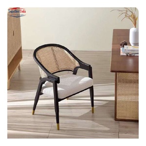 Chaise de salle à manger rembourrée avec cadre en bois et dossier en rotin, siège rembourré bicolore pour salles à manger modernes - Product Image 5