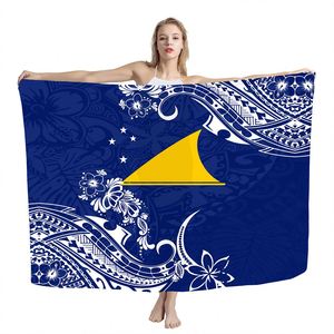 Pareo spiaggia polinesiana avvolgente tribale Tokelau isole blu Tiare stampa floreale costumi da bagno personalizzati Beachwear Sarong da donna spiaggia copri-up - Product Image 1