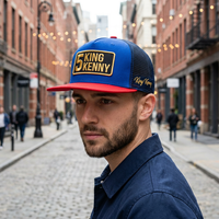Casquette de camionneur personnalisée pour le sport automobile, bleu marine et orange, 5 panneaux, avec patch latéral et broderie dorée, casquette en maille A-Frame avec boîte et étiquette