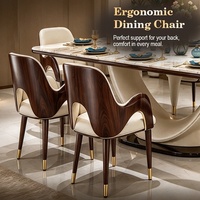 Ensemble de table à manger de banquet avec plateau en marbre veiné doré et 6 chaises en bois pour penthouse, solution intégrée de chaise et de mobilier pour la maison