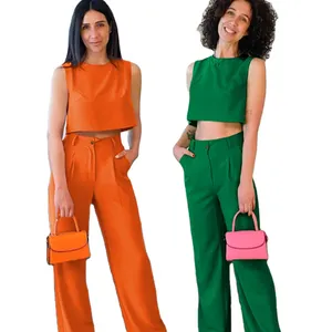 2023 Designer Fashion Casual Suit With Ladies Crop Top And The Trousers Green Women's Sets