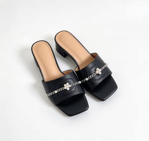<b>Lady</b> Pebbled Leather High Heels With Chain Strap Chunky Square Heel Elegant Closed Toe Work Pumps Custom Order Bridal Women Smoo - Product Image 5