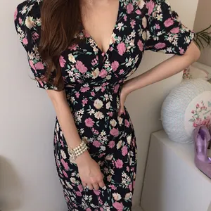 Vestido de gasa de manga corta para mujer, elegante vestido Retro con cuello en V y flores, ajustado, adelgazante, a la moda, 2021