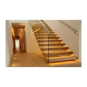 Hidden Steel Stringer Wood Tread LED Floating Stairs With Frameless Glass Panel Railing Indoor Straight Staircase