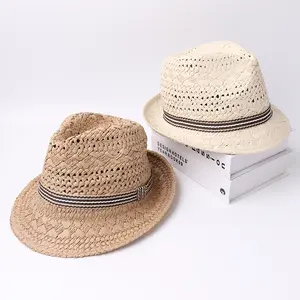 Nova Moda Handwork Mulheres Ráfia palha chapéu de Sol de Verão Boho Praia Sunhat chapéu Fedora Homens Chapéu Panamá Trilby Gangster Cap