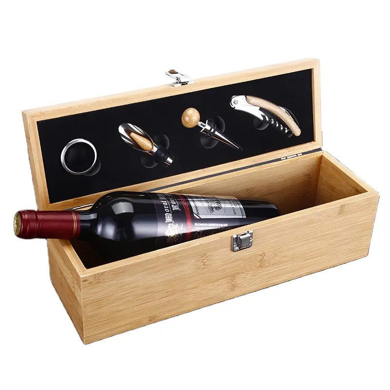 Özelleştirilebilir desen LOGO lüks bambu ahşap şarap hediye kutusu ile aracı set hediye şarap saklama kutusu ince şaraphane için uygun