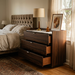 Minimal Custom Solid Wood Night Chest | Dark Walnut Bedside <b>Side</b> Cabinet with Dual Open Shelves for Apartment Bedroom Hotel - Product Image 5