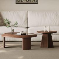 Table basse en noyer de style moderne du milieu du siècle, pour salon, petit appartement, minimaliste, en bois massif, ronde, avec plateau en verre