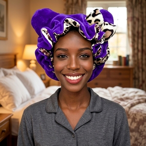 <span class=keywords><strong>Bonnet</strong></span> de nuit en peluche 35 cm avec oreilles, doublure en satin léopard, protection pour cheveux bouclés, double, pour adultes, voyage, du fabricant d'origine - Product Image 1