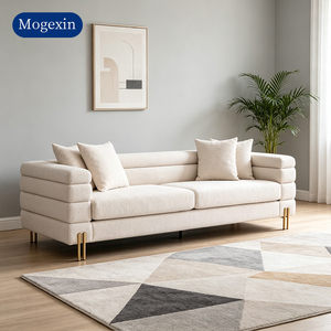 Modern Luxury Three Seat Rectangle Chesterfield Fabric <b>Sofa</b> with Multi-Layer Armrest Upholstered Design and Gold Metal Legs - Product Image 1