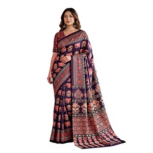 Purple Digital Print Ajrak <b>Saree</b> With <b>Red</b> Motifs For Women Traditional Indian Wedding Wear Silk Floor Length Sari - Product Image 1