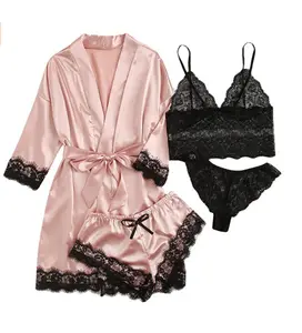 Nuovi 4 pezzi pigiama donna set pigiama di seta donna pigiameria elegante Sexy pizzo Hot Night Wear