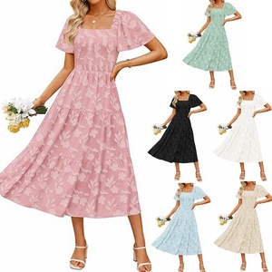 Vestidos midi de manga corta con estampado floral bohemio y cuello cuadrado para mujer - Product Image 1