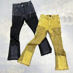 Custom High Quality Streetwear Colorblock Wide Leg Denim Flared Sweat <b>Pants</b> Men - Product Image 1