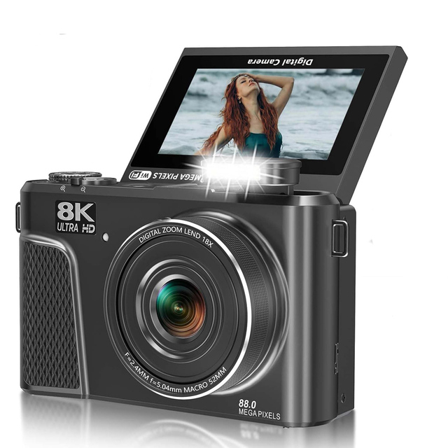8K Wifi Mini Digital Camera with 3\" 180° Flip Screen 18X UHD Autofocus Video SD Card for Photography & Videography