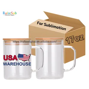 USA Warehouse Wholesale Bulk 17oz 17 Oz Clear Frosted Blank Sublimation Glass Coffee Cup Mug With Bamboo Lid And Handle Straw