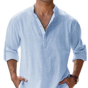 Fitspi <strong>Men</strong> Summer Cotton <strong>Shirt</strong> Casual Stand Collar Loose Fit <strong>Mens</strong> Solid Color <strong>Grandad</strong> <strong>Shirt</strong> Plus Size Tops In Stock - Product Image 1