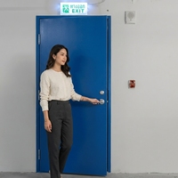 Porte battante moderne en acier galvanisé bleu, ignifuge, antivol, sur mesure, pour usage commercial, résidentiel, hôtelier, finition intérieure sur site