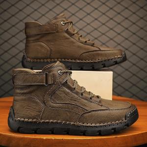 Bottes en cuir pour hommes, bottines élégantes cousues à la main avec semelle plate et lacets, pour un usage décontracté - Product Image 2