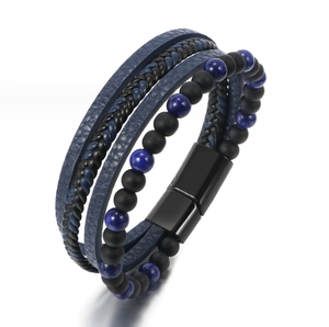 Vente en gros de perles en pierre naturelle œil de tigre punk de luxe fermoir magnétique pour hommes bijoux pour hommes bracelet en cuir véritable <span class=keywords><strong>noir</strong></span> - Product Image 2