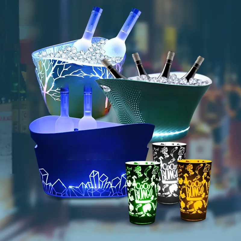 Cubo enfriador de champán, vino, cerveza, LED, plástico, acrílico, cambia de colores, impermeable