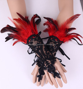 Women's Halloween Bleached Pattern Lace Hook Gloves Dark <strong>Feather</strong> Sleeve <strong>Cuffs</strong> for Party Cosplay Carnival Stage Show Costume - Product Image 3