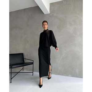 Conjunto elegante de falda y blusa de punto para mujer, manga larga con detalle de abertura, conjunto de dos piezas - Product Image 1