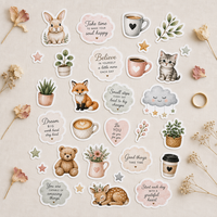 Lot de 30 autocollants en vinyle imperméables sur le thème de la peinture aquarelle Cottagecore, avec animaux, citations et motifs botaniques, personnalisables OEM, MOQ 50