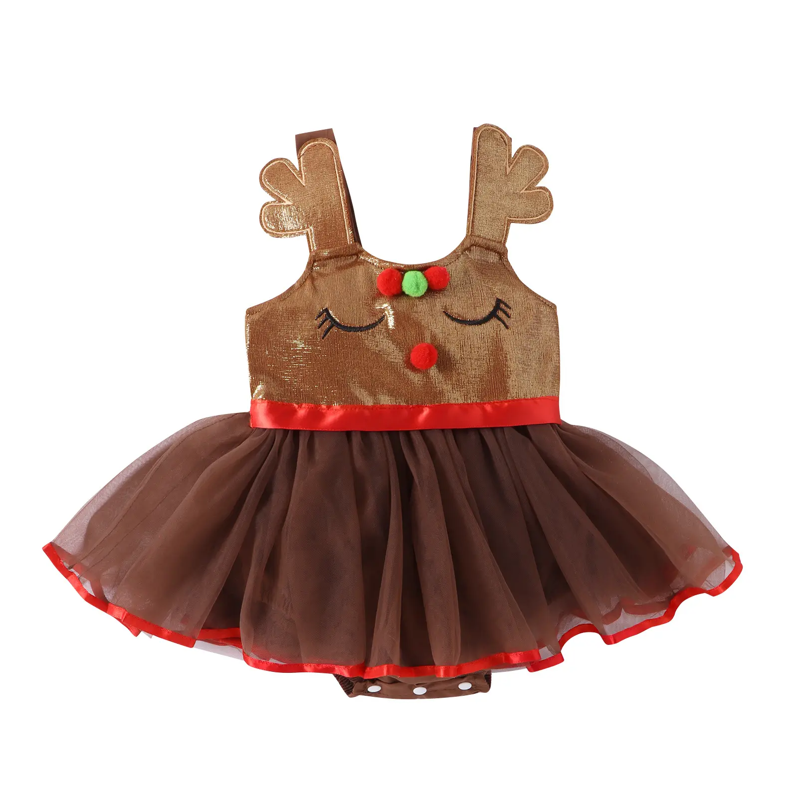 ベビーウェア用の調節可能な股間と臀部を備えた子供のクリスマスの女の赤ちゃん漫画エルクスパンコールパッチワークメッシュドレス