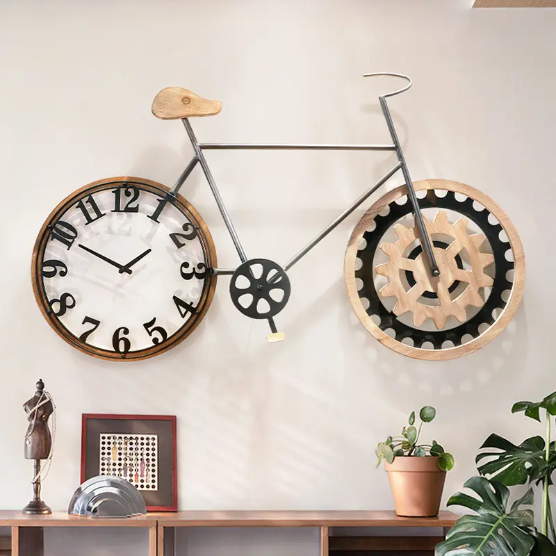 성격 북유럽 스타일 큰 자전거 벽 시계 어린이 방 거실 홈 장식 큰 나무 벽 시계