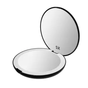 Petit miroir de maquillage de voyage pliable noir avec logo personnalisé et lumière Miroir de poche cosmétique portable Miroir LED compact avec logo personnalisé