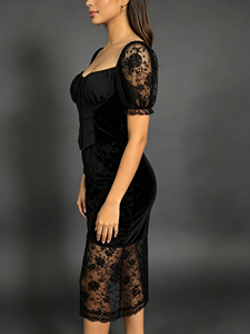 Robe Midi Noire à Manches Courtes Bouffantes, Col Cœur, Corset en Dentelle, Robe Moulante pour Soirée et Fête - Product Image 2