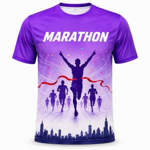 Jersey Marathon Gradien Ungu Kustom, Cepat Kering, Bernapas, Cetak Digital, Kaos Olahraga Lari Skyline untuk Pria Wanita - Product Image 1