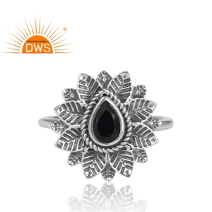 Natural Black Onyx Gemstone <b>Ring</b> <b>Indian</b> Antique Flower Design 925 Sterling Silver <b>Ring</b> Jewelry Wholesale - Product Image 2