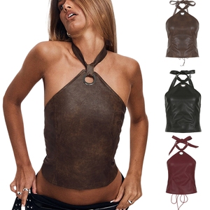 Haut dos nu style punk en polyester déchiré avec anneaux métalliques et boutons amovibles – Sexy et tendance pour le club et la rue, sans manches - Product Image 1