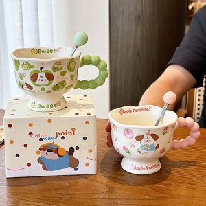 Cute Puppy <b>Ceramic</b> <b>Mug</b> Green Pink Cartoon Design With Handle And Spoon For Girls Couples Home Use Spring 2025 - Product Image 5