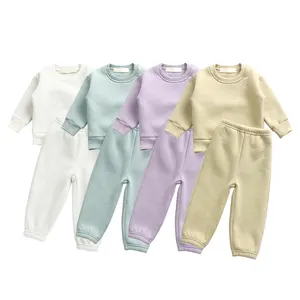 2024 Hot Custom Embroidery Children Clothing Sets Kids Long Sleeves Solid Color French Terry Boutique Boys Tracksuits