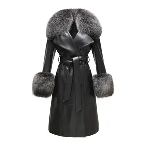 Manteau d'hiver en fourrure de renard pour femmes, veste longue en cuir noir en peau de mouton véritable, Trench en cuir pour dames