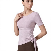 Kaos Olahraga Wanita Dewasa 2026 Bahan Spandex/Katun Organik Bernapas, Lengan Pendek, Model Ribbed, Ketat, Off-Shoulder, untuk Yoga