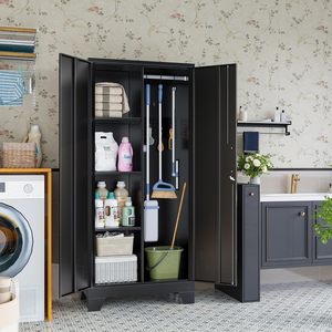 Gabinete de almacenamiento con cerradura de Metal para herramientas de limpieza del hogar, accesorios, gabinete de herramientas, varilla colgante, escoba, herramienta de limpieza conveniente - Product Image 1