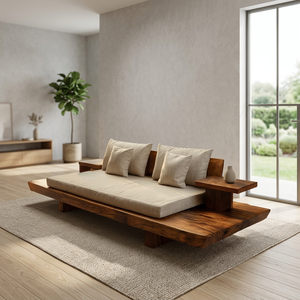 Sofá Cama de Madera Maciza Suar, Estilo Escandinavo Moderno Minimalista, Muebles para Sala de Estar, Estructura de Madera Sólida, Cojín de Tela, Diseño sin Brazos - Product Image 2