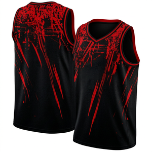 Maillot de basket-ball pour hommes, sans manches, col en v, noir, rouge, maille respirante, évacuant l'humidité, imprimé par transfert thermique, nom de l'équipe personnalisé - Product Image 1