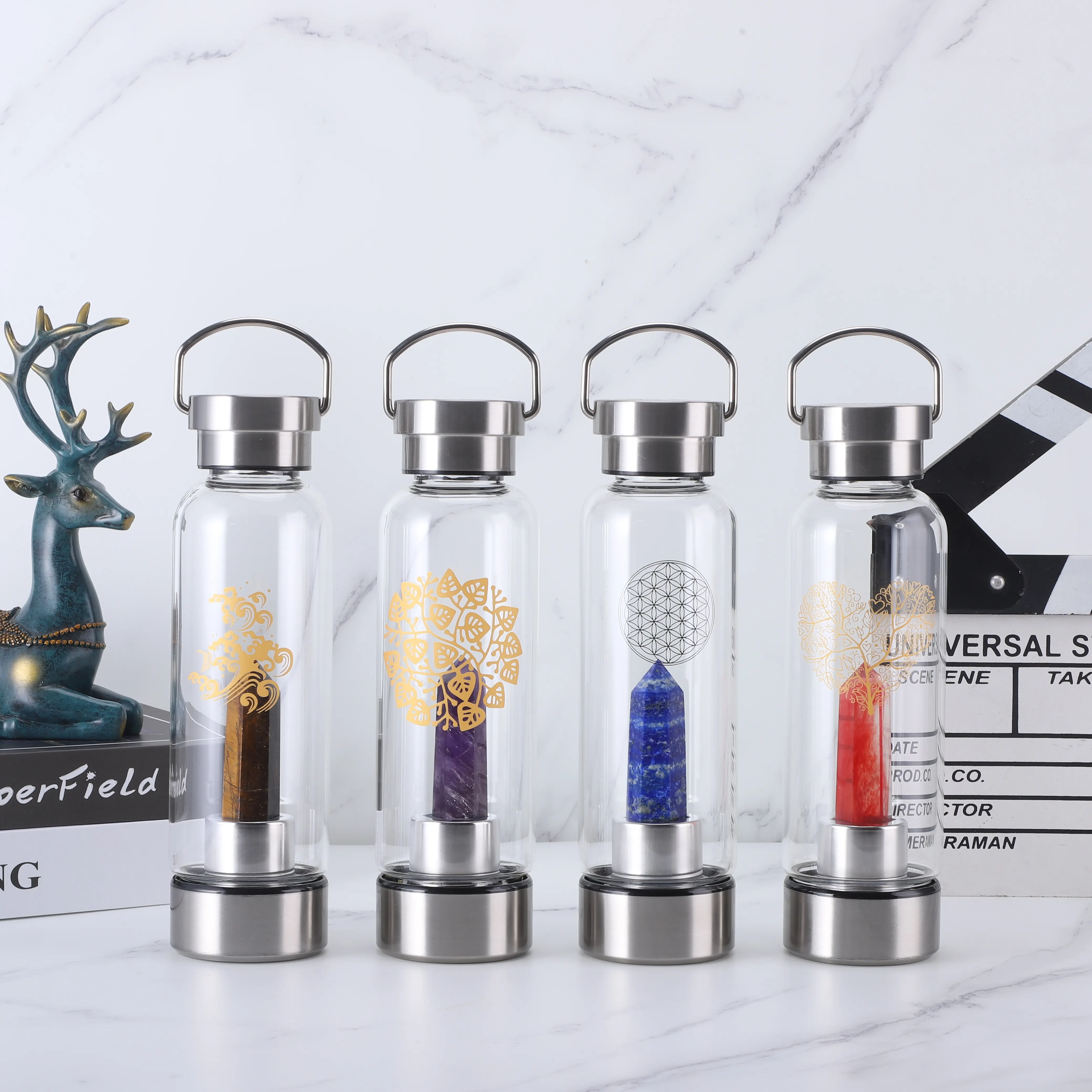 Kunden spezifisches Logo Hochwertige natürliche Kristallpunkt-Heil wasser flasche aus Glas mit Griff deckel