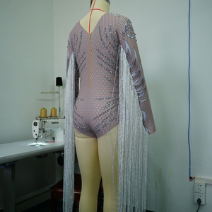 Body de malla plateada con pedrería, estampado, de manga larga y flecos, para disfraz de baile de escenario Drag Gogo - Product Image 2