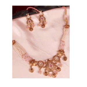 Silver Traditional Necklace <b>Set</b> for Women Pink Stone <b>Beaded</b> Design Bridal Jewelry Elegant Ethnic Wedding Wear <b>Set</b> - Product Image 1