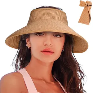 Venta al por mayor de ala ancha de viaje UV UPF protección paja parasol plegable enrollable mujeres verano playa sombreros con logotipo personalizado