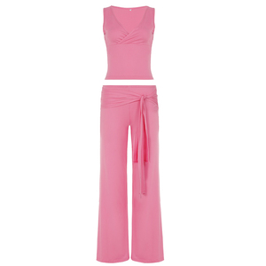 Solid Color V Neck Tie Front Vest & Straight Leg Pants Two Piece <b>Set</b> Women's Casual <b>Knit</b> Lounge Wear Summer Matching Outfit - Product Image 6
